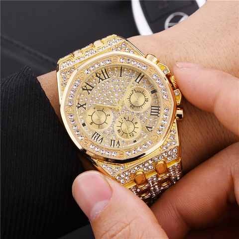 Relogio Masculino Luxury Full Diamond Gold Stainless Steel Quartz Wristwatch - onlinemegasale.com