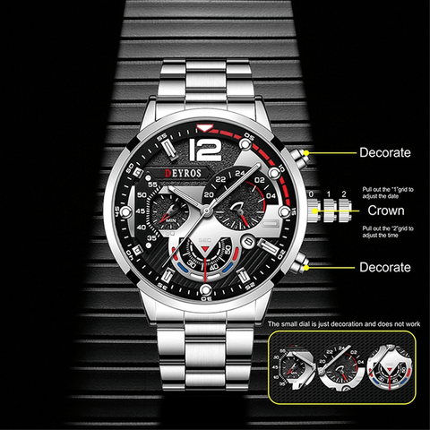 Deyros Luxury Quartz Men's Wristwatch - Full Steel Calendar Luminous Clock Watch - onlinemegasale.com