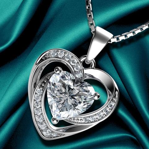 White Heart Necklace - 925 Sterling Silver Pendant CZ Crystal - onlinemegasale.com