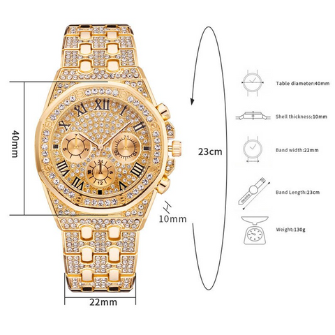 Relogio Masculino Luxury Full Diamond Gold Stainless Steel Quartz Wristwatch - onlinemegasale.com