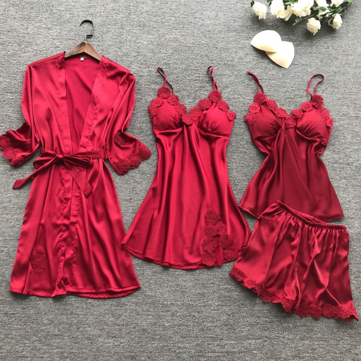 Summer New 4 Pcs Set Women Pyjama Satin High Quality Lace Sexy Sleepwear With Chest Pad Pajamas - onlinemegasale.com