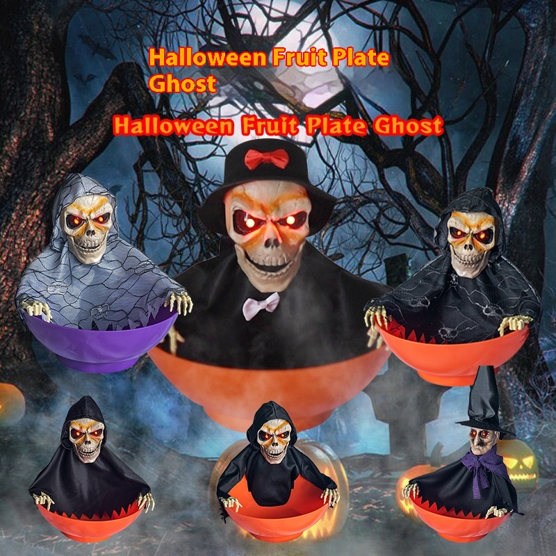 Halloween Skull Fruit Plate Spooky Electric Skeleton Candy Holder - onlinemegasale.com