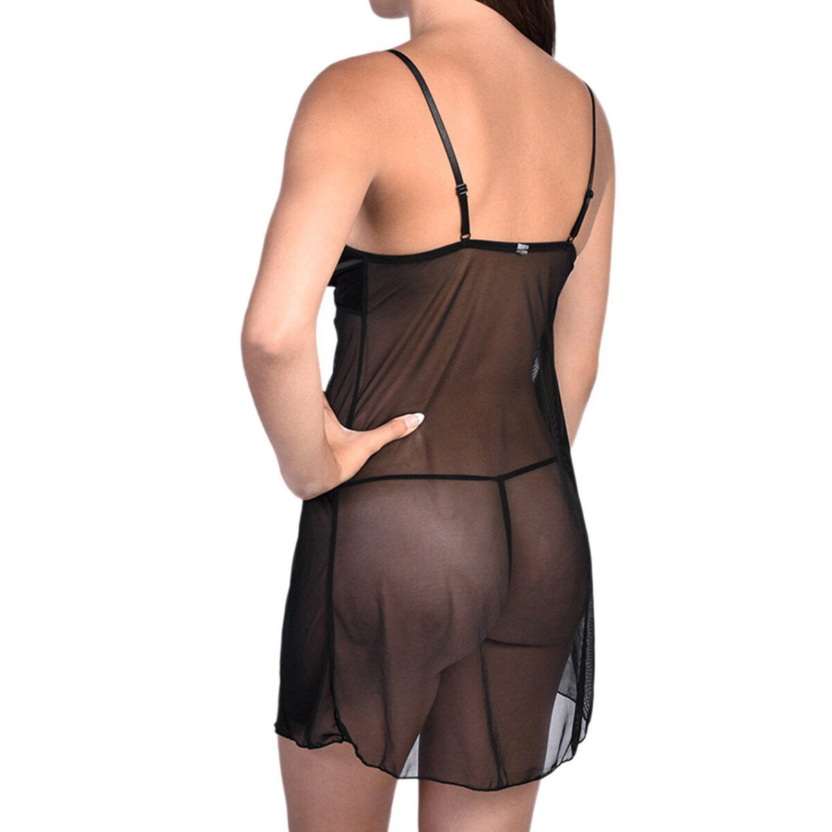 Sexy Satin & Sheer Mesh Slip With Panty Black - onlinemegasale.com