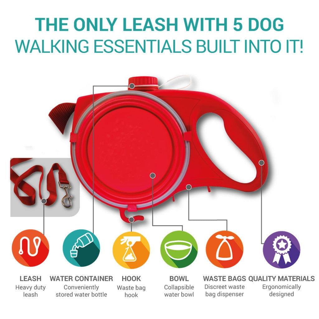 Durable Dog Leash Automatic Retractable With Water Bottle Bowl - onlinemegasale.com