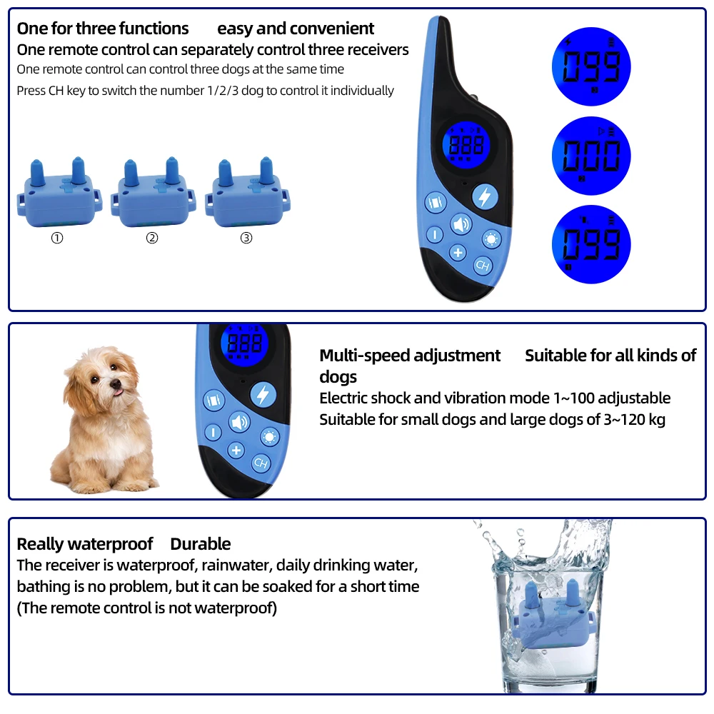 Waterproof Rechargeable Shock Sound Vibration Anti-Bark Remote Control Dog Training Collar - onlinemegasale.com