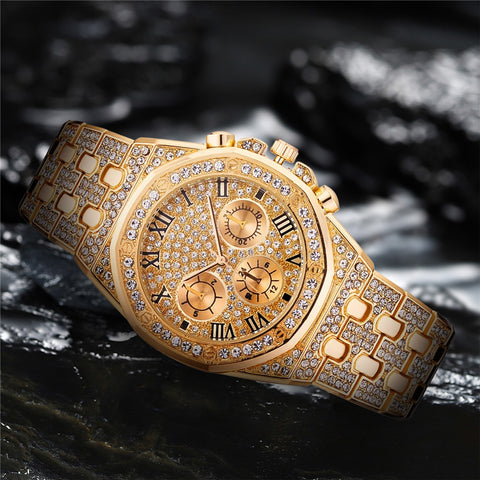Relogio Masculino Luxury Full Diamond Gold Stainless Steel Quartz Wristwatch - onlinemegasale.com Relogio Masculino Luxury Full Diamond Gold Stainless Steel Quartz Wristwatch - onlinemegasale.com