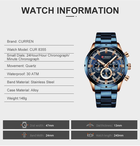Curran Luxury Sports Quartz Men's Watch - Full Steel Waterproof Chronograph Wristwatch - onlinemegasale.com