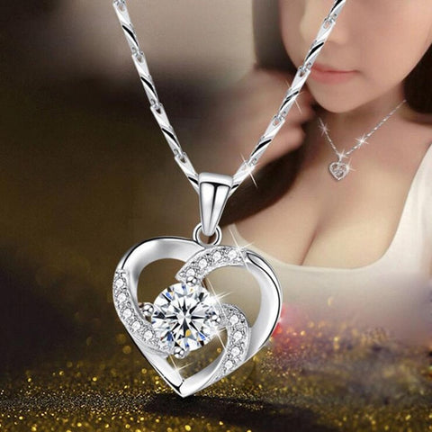 Crystal Heart Necklace - 925 Sterling Silver Pendant CZ Crystal - onlinemegasale.com