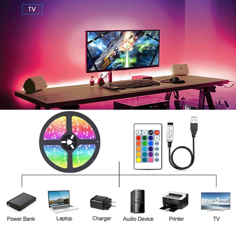 RGB 5050 Led Strip Lights 5V USB 24Keys Bluetooth Wifi Control Flexible Ribbon Color Change Led Lamp Tape for Room Decoration - onlinemegasale.com