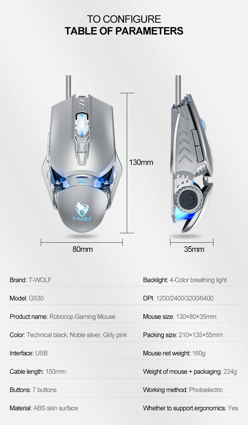 T-WOLF Mechanical Gaming Mouse Mechanical Esports Game Wired Backlit Mouse Laptop Suitable for Metal Rollers - onlinemegasale.com