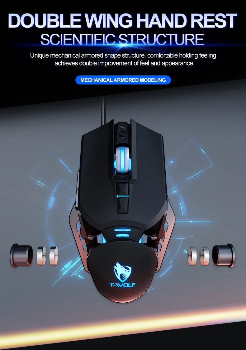 T-WOLF Mechanical Gaming Mouse Mechanical Esports Game Wired Backlit Mouse Laptop Suitable for Metal Rollers - onlinemegasale.com