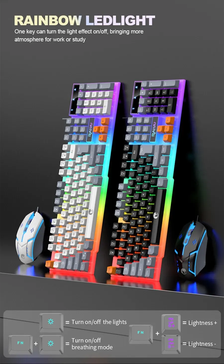 RAIKU T26 Wired 104 Keys Membrane Keyboard And Mouse Suit Kinds of Colorful Lighting Gaming and Office For Windows and IOS - onlinemegasale.com