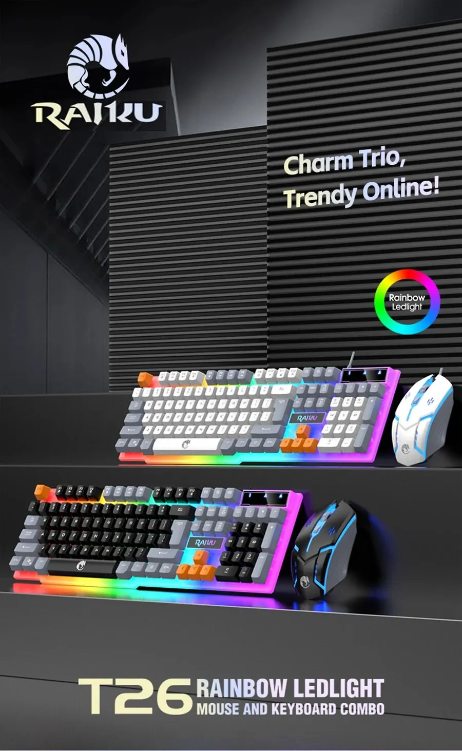 RAIKU T26 Wired 104 Keys Membrane Keyboard And Mouse Suit Kinds of Colorful Lighting Gaming and Office For Windows and IOS - onlinemegasale.com