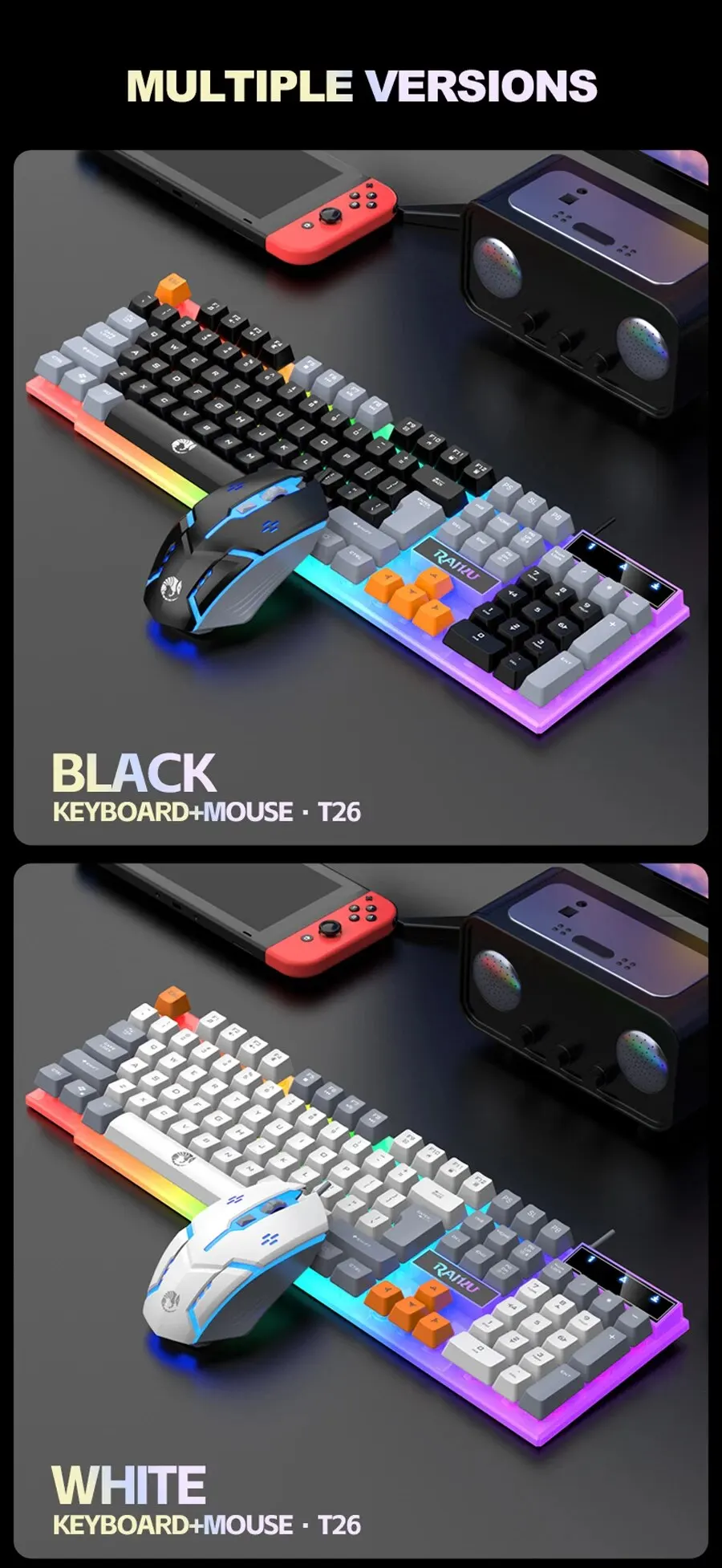 RAIKU T26 Wired 104 Keys Membrane Keyboard And Mouse Suit Kinds of Colorful Lighting Gaming and Office For Windows and IOS - onlinemegasale.com