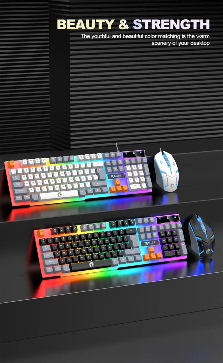 RAIKU T26 Wired 104 Keys Membrane Keyboard And Mouse Suit Kinds of Colorful Lighting Gaming and Office For Windows and IOS - onlinemegasale.com