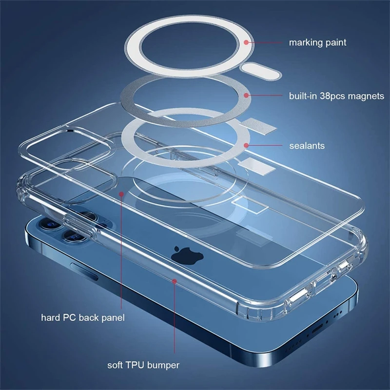 Clear Phone Case For iPhone 11 12 13 14 15 Pro Max For Magsafe Magnetic Wireless Charging Magsafe Case 7 8 XR XsMax Cover Case - onlinemegasale.com