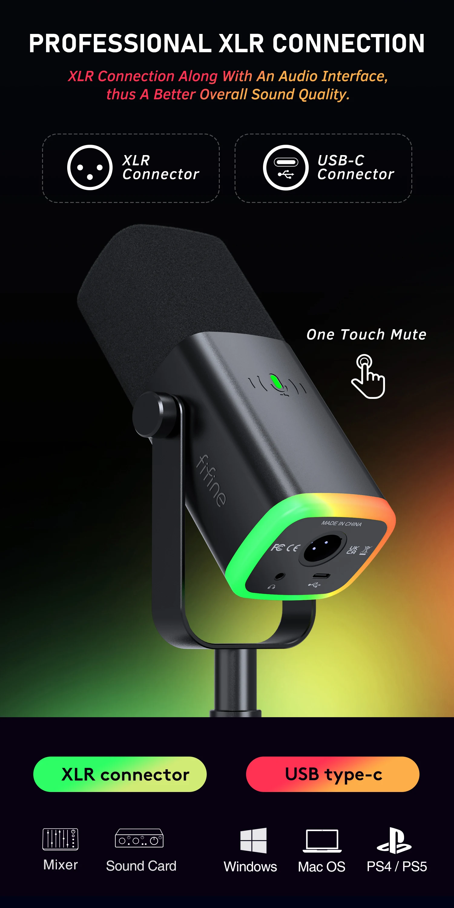 FIFINE USB/XLR Dynamic Microphone with Touch Mute Button,Headphone jack,I/O Controls,for PC PS5/4 mixer,Gaming MIC Ampligame AM8 - onlinemegasale.com