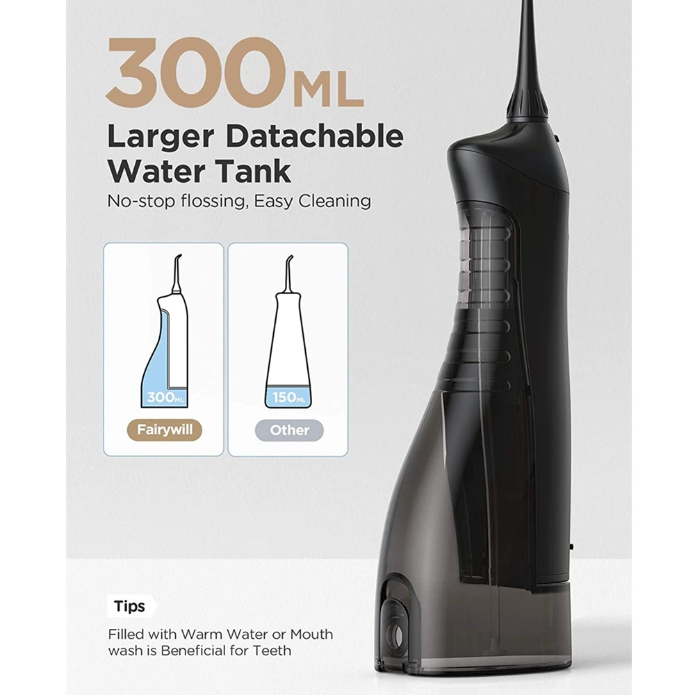Fairywill Water Flossers Oral Irrigator Rechargeable Portable Dental 3 Modes Water Tank for Teeth 300ML Waterproof Teeth Cleaner - onlinemegasale.com