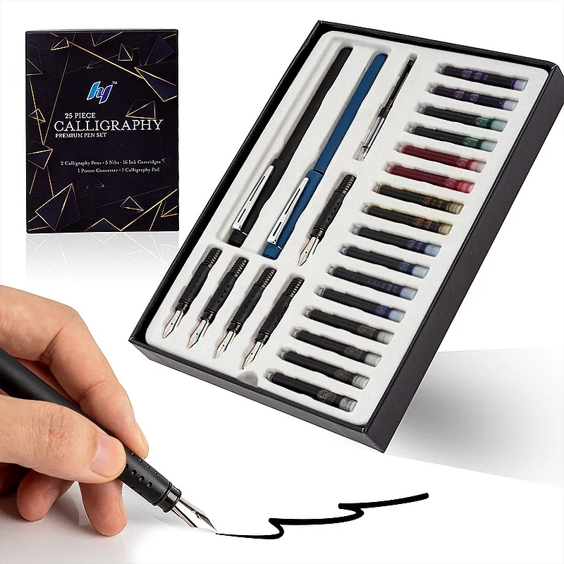 25 Piece Calligraphy Pen Writing Set 2 Fountain Pens 5 Nibs 16 Ink Cartridges for Art Gothic Flower Font English Sketch Drawing - onlinemegasale.com