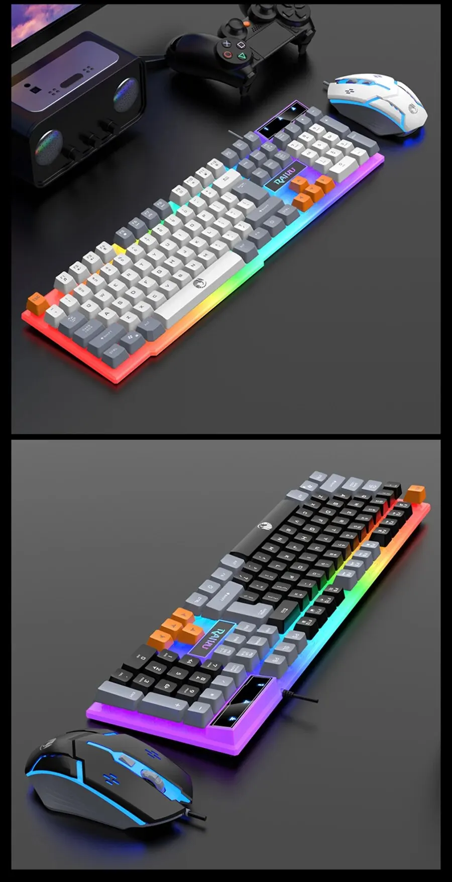 RAIKU T26 Wired 104 Keys Membrane Keyboard And Mouse Suit Kinds of Colorful Lighting Gaming and Office For Windows and IOS - onlinemegasale.com