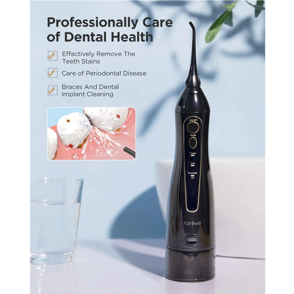 Fairywill Water Flossers Oral Irrigator Rechargeable Portable Dental 3 Modes Water Tank for Teeth 300ML Waterproof Teeth Cleaner - onlinemegasale.com