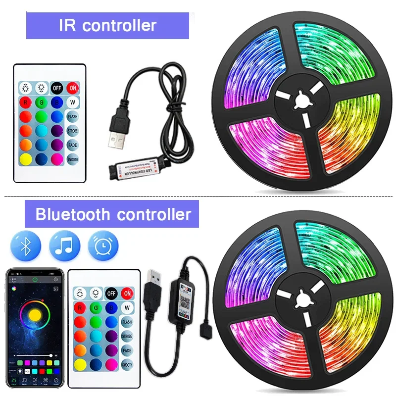 RGB 5050 Led Strip Lights 5V USB 24Keys Bluetooth Wifi Control Flexible Ribbon Color Change Led Lamp Tape for Room Decoration - onlinemegasale.com