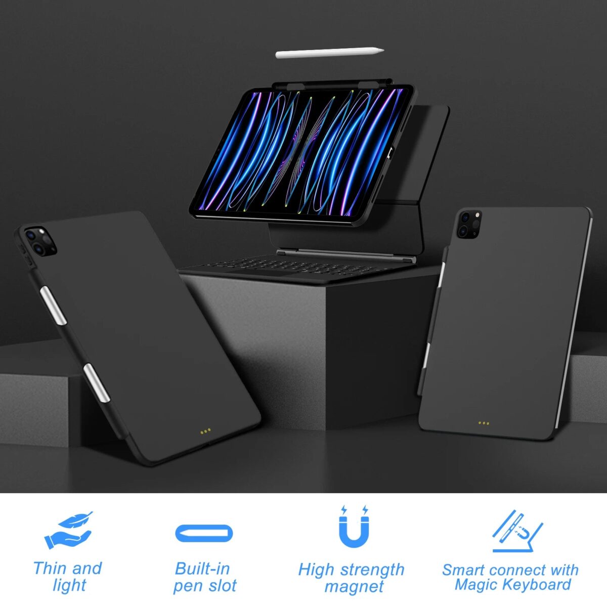 Magnetic Case for iPad Pro 11 13 2024 M4 Air 6 Air 4/5 iPad Pro 12.9 Magic Keyboard Compatible Case Pencil Holder - onlinemegasale.com