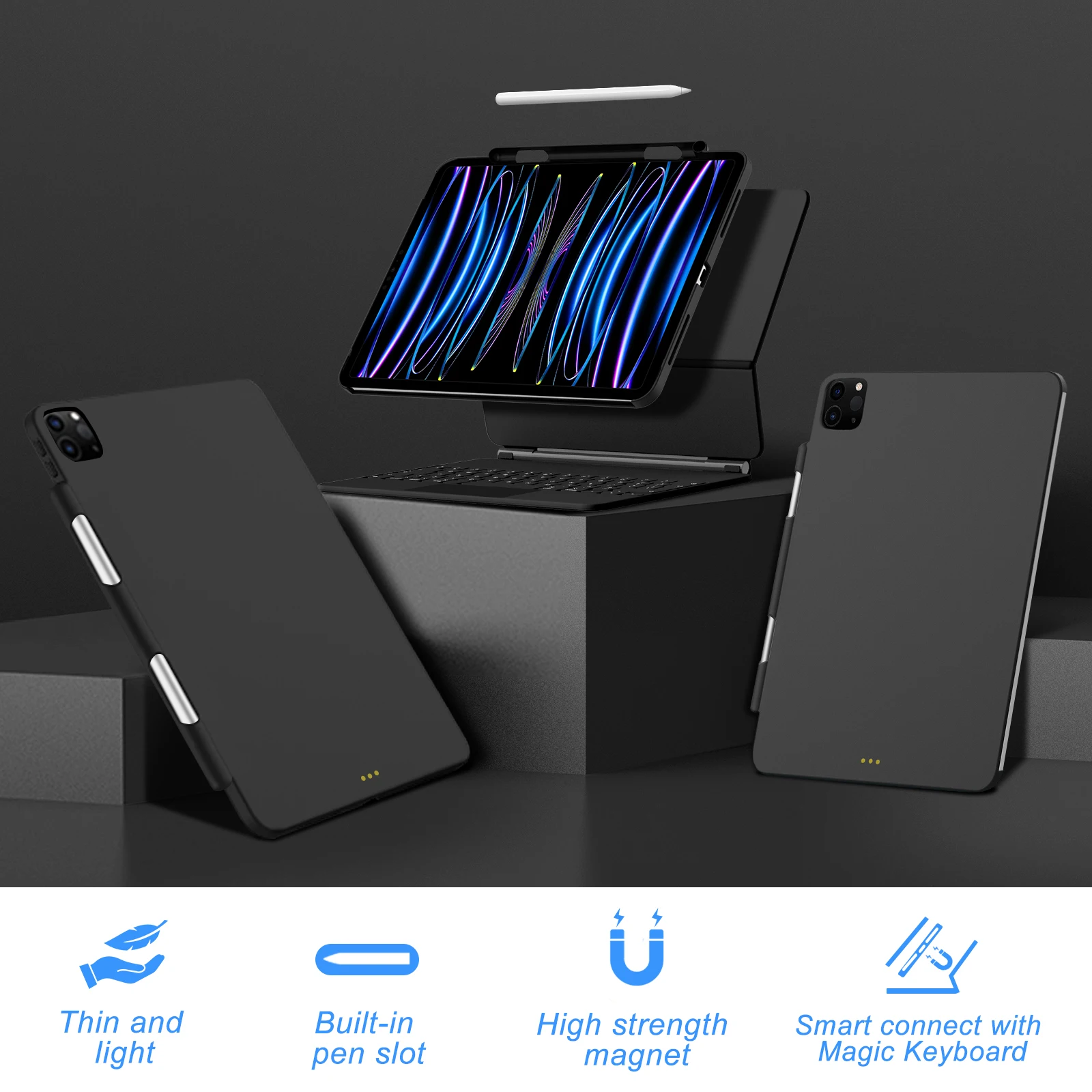 Magnetic Case for iPad Pro 11 13 2024 M4 Air 6 Air 4/5 iPad Pro 12.9 Magic Keyboard Compatible Case Pencil Holder - onlinemegasale.com