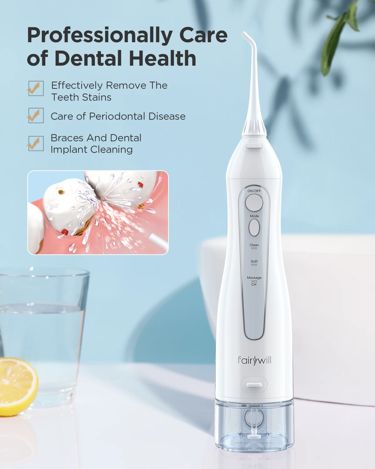 Fairywill Water Flossers Oral Irrigator Rechargeable Portable Dental 3 Modes Water Tank for Teeth 300ML Waterproof Teeth Cleaner - onlinemegasale.com