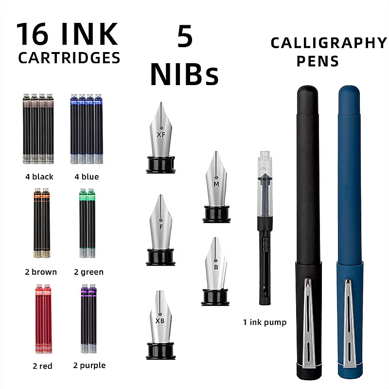 25 Piece Calligraphy Pen Writing Set 2 Fountain Pens 5 Nibs 16 Ink Cartridges for Art Gothic Flower Font English Sketch Drawing - onlinemegasale.com