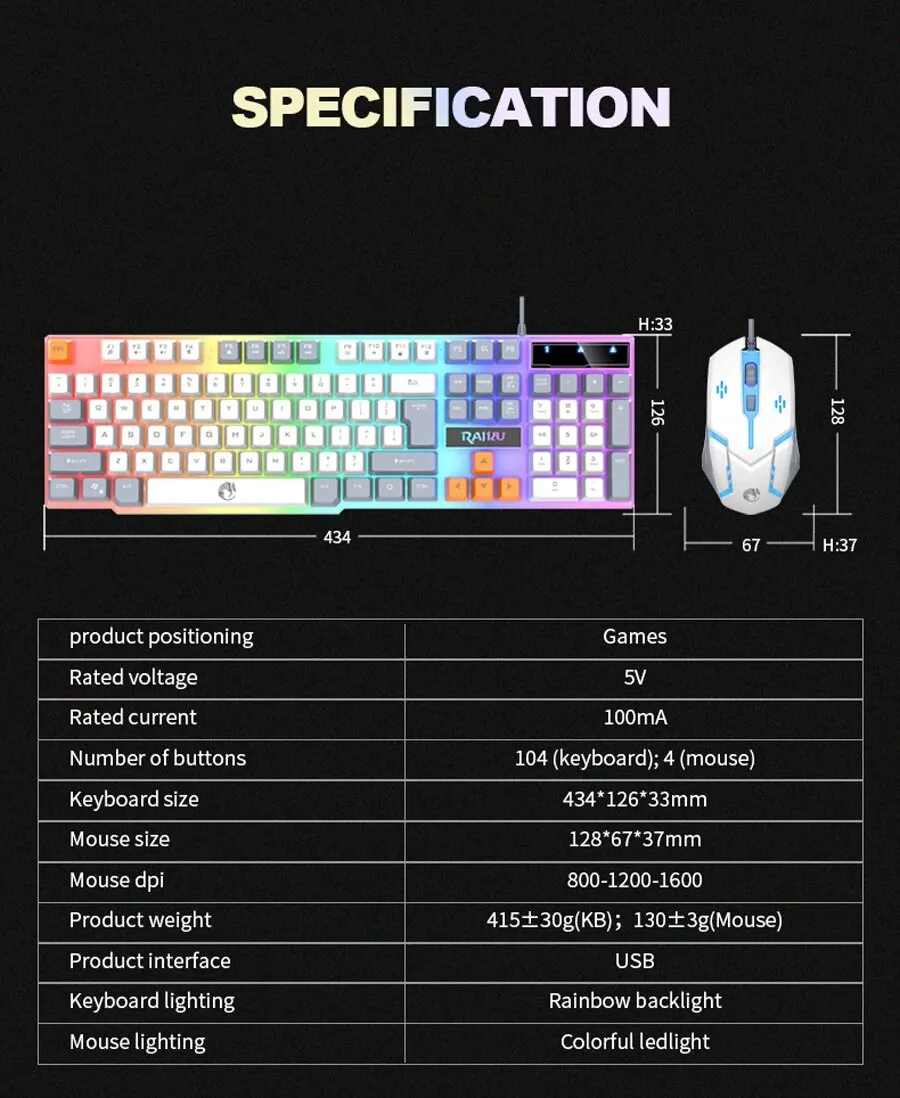 RAIKU T26 Wired 104 Keys Membrane Keyboard And Mouse Suit Kinds of Colorful Lighting Gaming and Office For Windows and IOS - onlinemegasale.com