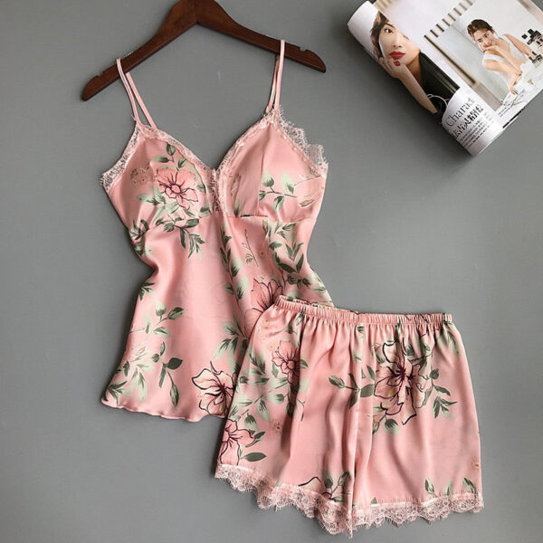 Spaghetti Strap Printing Lace Sexy Women Pajamas V-Neck With Pad Female Summer Pajama Set Summer Fashion Female Sleepwear