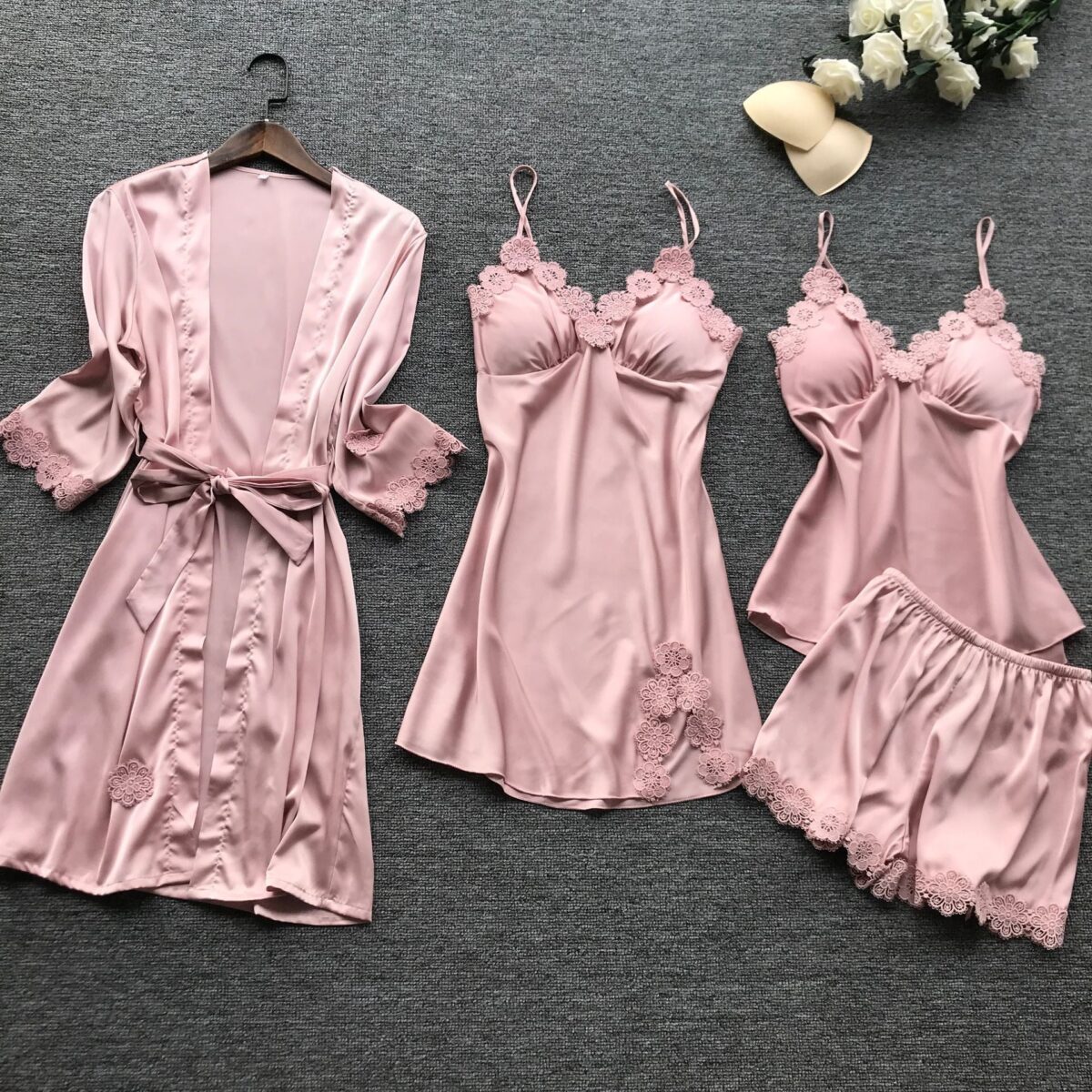 Summer New 4 Pcs Set Women Pyjama Satin High Quality Lace Sexy Sleepwear With Chest Pad Pajamas - onlinemegasale.com