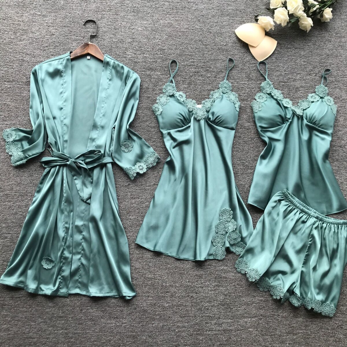 Summer New 4 Pcs Set Women Pyjama Satin High Quality Lace Sexy Sleepwear With Chest Pad Pajamas - onlinemegasale.com