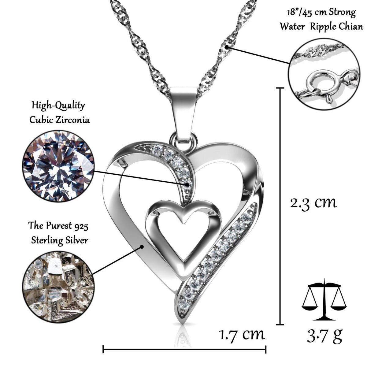 Double Heart Necklace - 925 Sterling Silver Jewellery Pendant - onlinemegasale.com