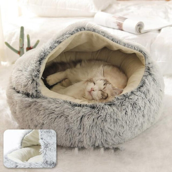 Round Warm House Soft Long Plush Sleeping Cat Bed