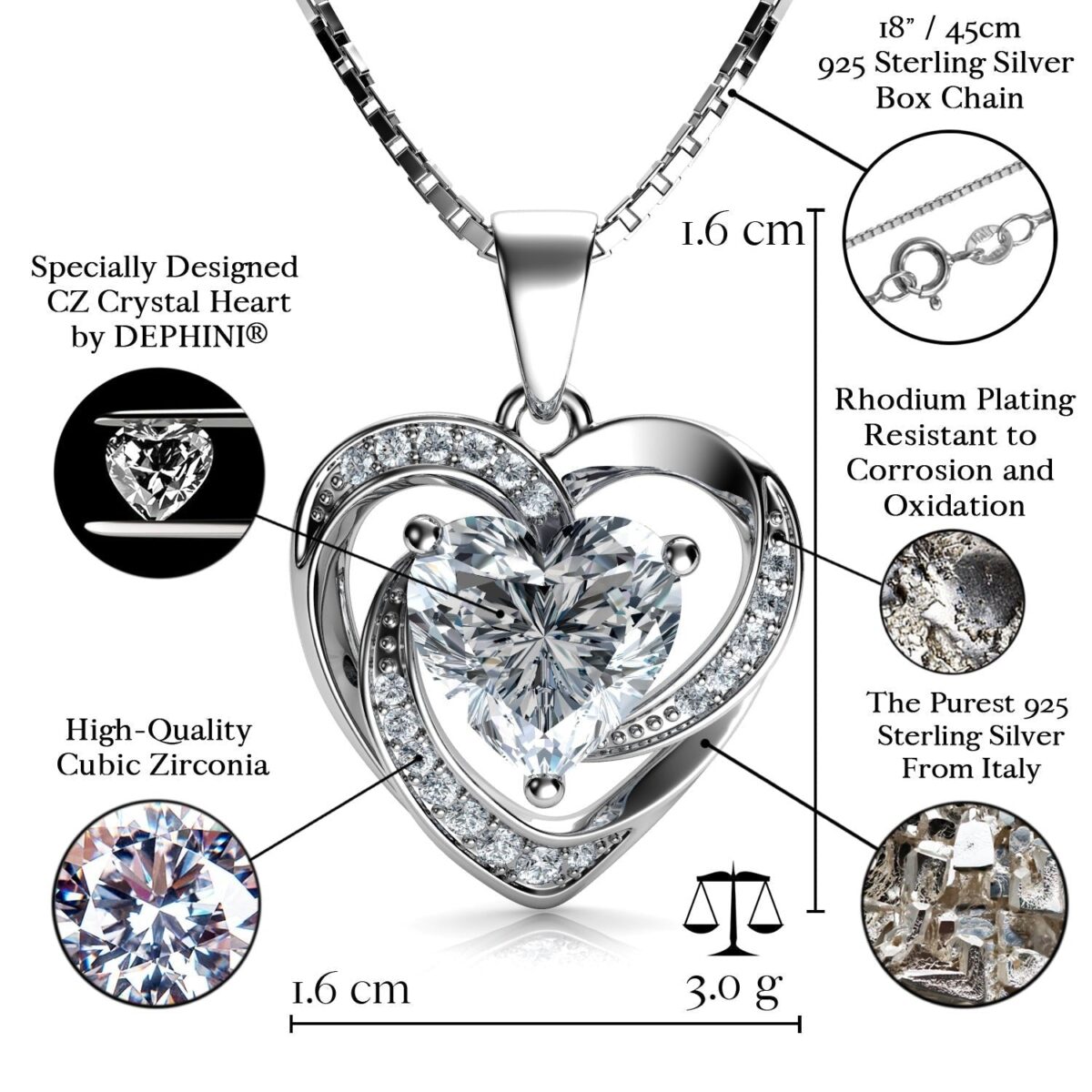 White Heart Necklace - 925 Sterling Silver Pendant CZ Crystal - onlinemegasale.com