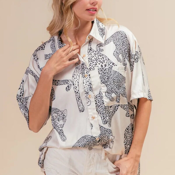 Leopard Print Short Sleeve Silky Satin Shirt Top