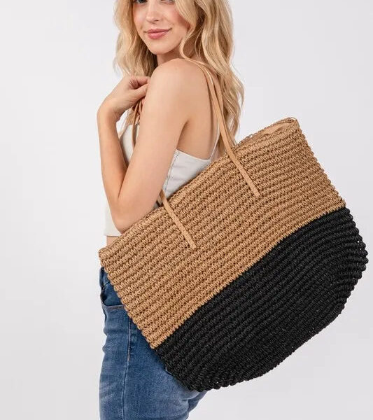 Fame Straw Braided Beach Tote Bag