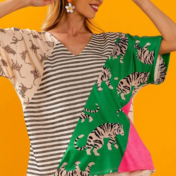 Tiger W Stripe Contrast Color Block V Neck Top