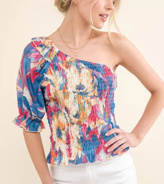 And The Why Allover Floral Print Smocked One Shoulder Blouse