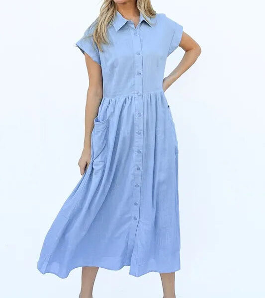 Cap Sleeve Front Pockets Shirt Dress