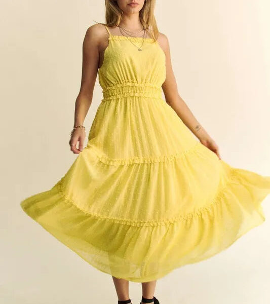 Texture Swiss Dot Ruffle Square Neck Midi Dress