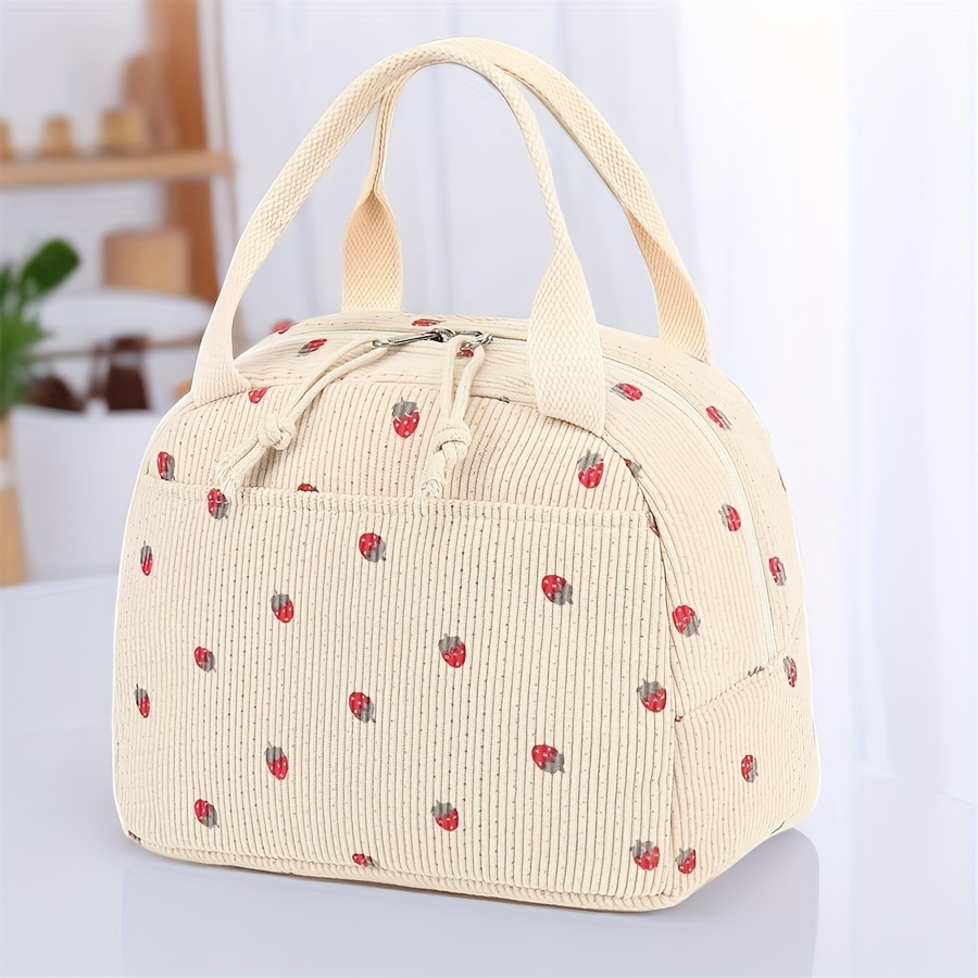 NOVUXY Insulated Corduroy Lunch Bag for Women and Men, Cute Strawberry Design, Reusable Thermal Tote, Large Capacity Cooler for Work, Picnic, Travel - Hand Washable Cylinder Shape Lunch Box - onlinemegasale.com