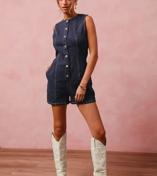 Button Up Front Washed Denim Sleeveless Romper