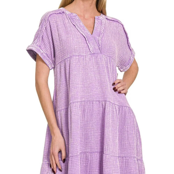 Washed Double Gauze Raw Edge Notched Dress