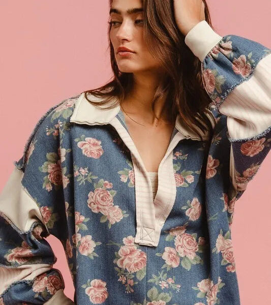 Washed Floral Denim Romper With Contrast Collar