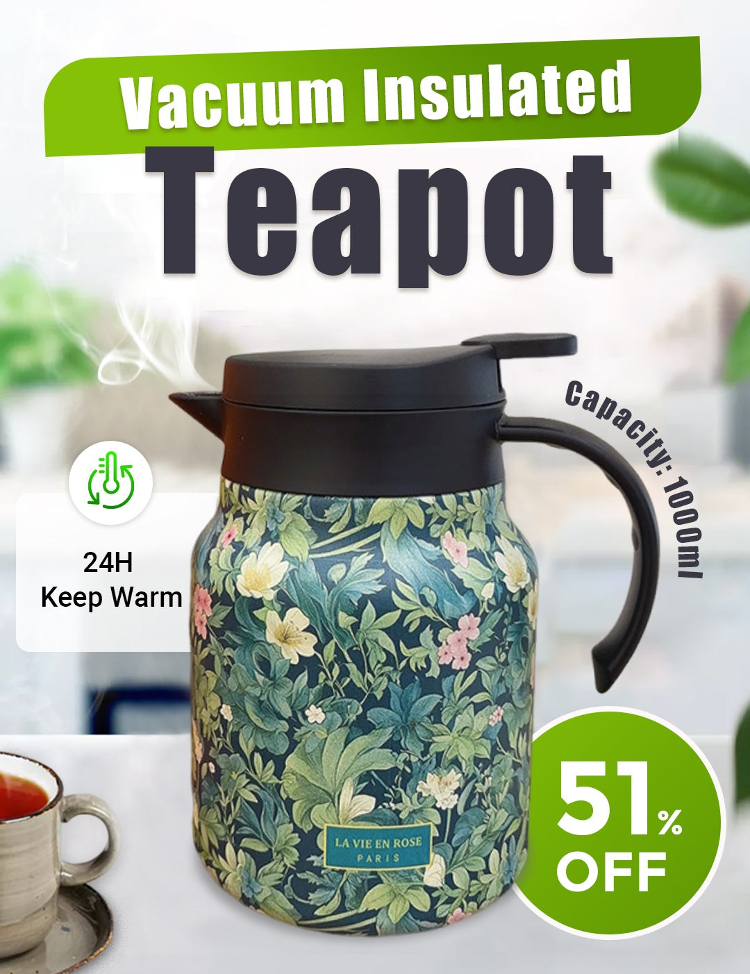🍃2025 HOT SALE 🔥1000ml Vacuum Insulated Teapot with Strainer - onlinemegasale.com