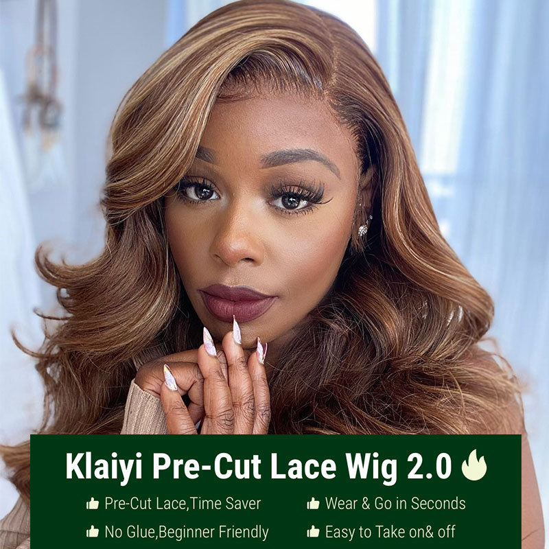 Klaiyi Pre-Cut Glueless Wig Wear Go Highlight Blonde Body Wave Wig Human Hair - onlinemegasale.com