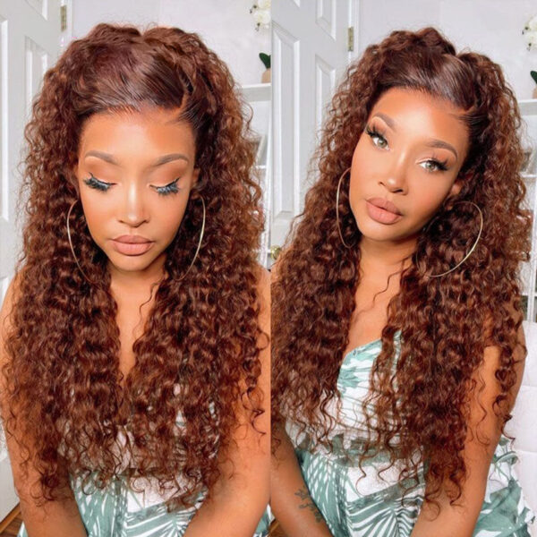 #33 Auburn Colored 13x4 HD Lace Front Closure Human Hair Wigs Jerry Curly Frontal Wigs Reddish Brown Wig